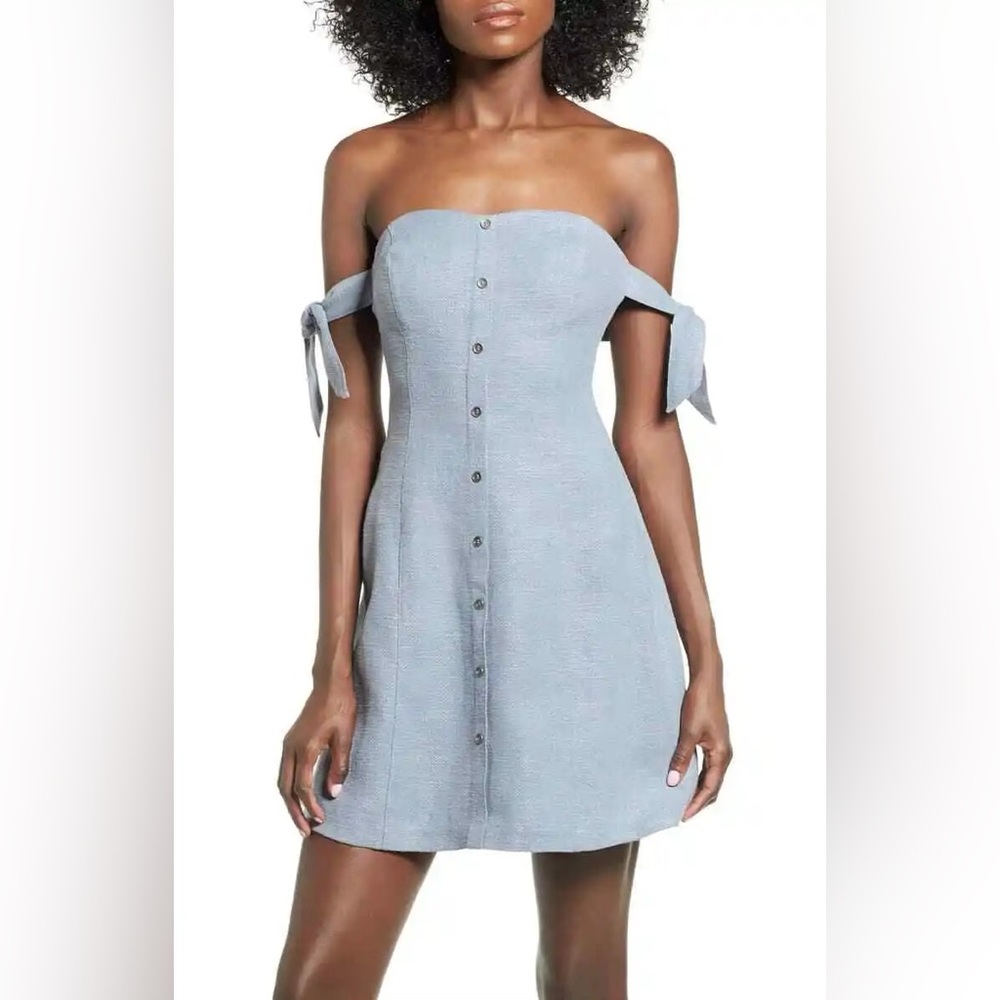 Astr The Label Araceli Off The Shoulder Button Down Sky Blue Mini Dress SIZE M